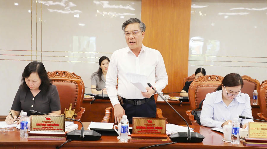 Ủy viên Ban Thường vụ Tỉnh ủy, Trưởng ban Tuyên giáo và Dân vận Tỉnh ủy Đồng Nai Dương Minh Dũng phát biểu tại buổi làm việc. Ảnh: My Ny