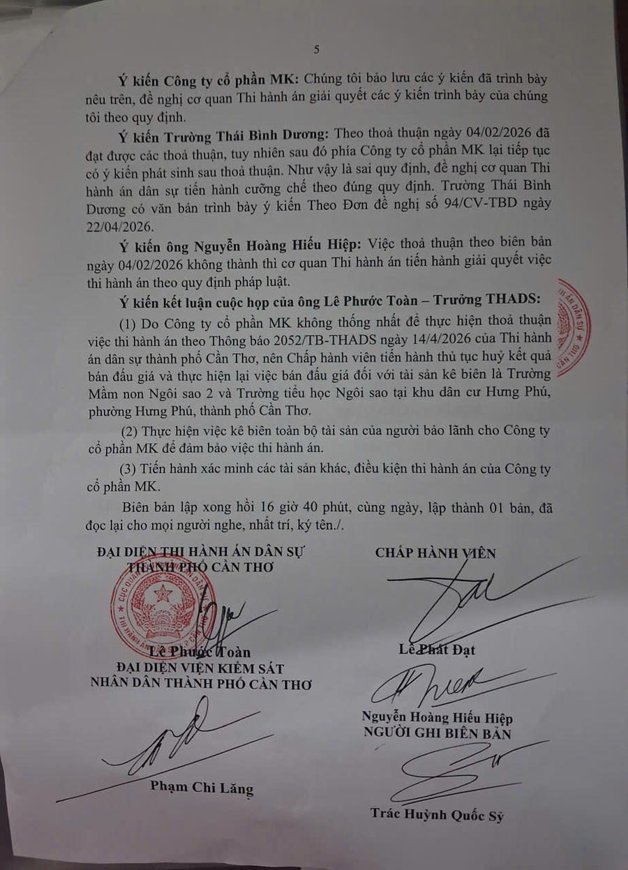 Biên bản về việc giải quyết việc thi hành án liên quan Cty MK.