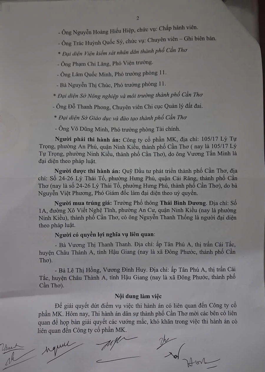 Biên bản về việc giải quyết việc thi hành án liên quan Cty MK.