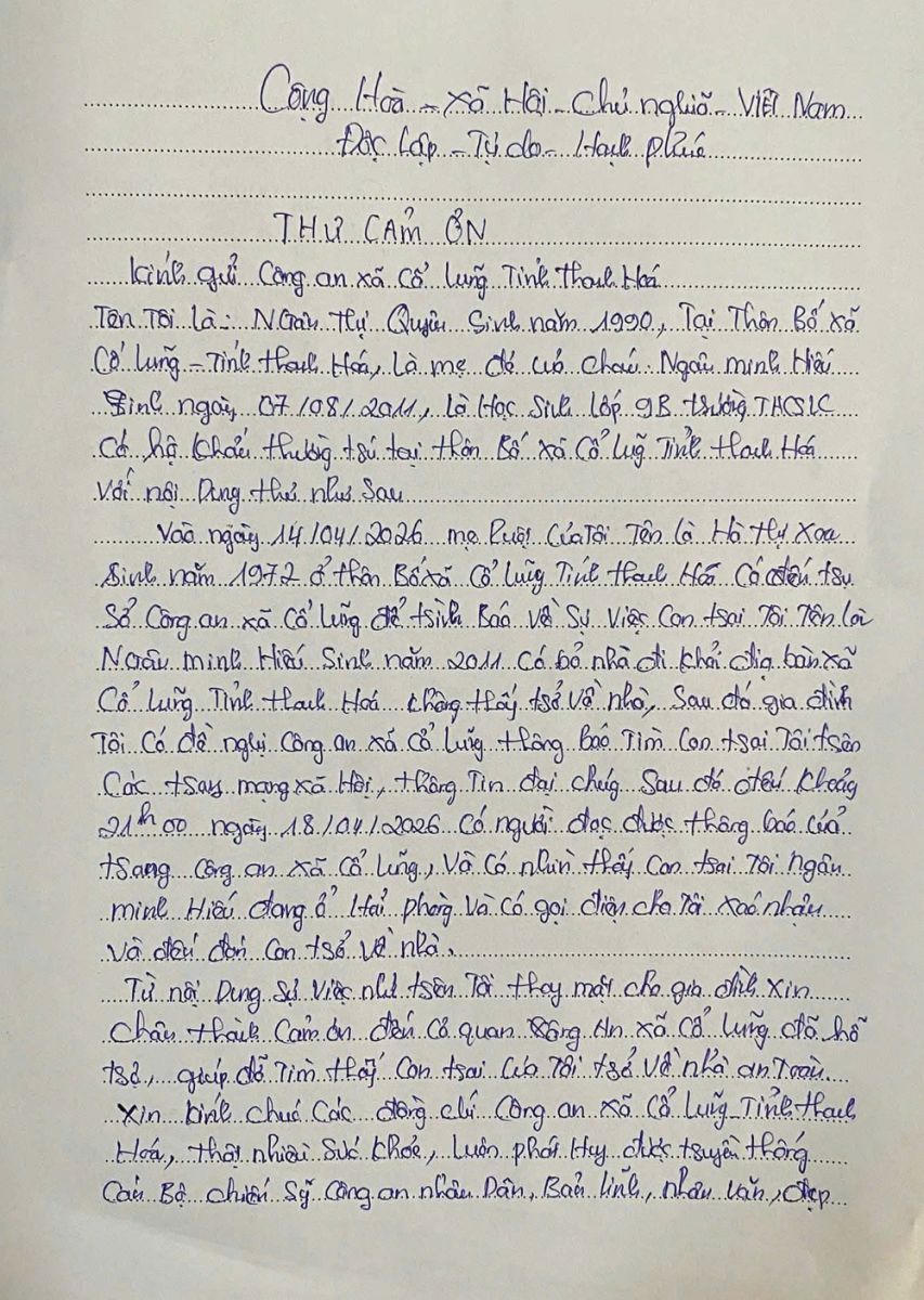 Lá thư cảm ơn của chị Ngân Thị Quyên gửi đến Công an xã Cổ Lũng.