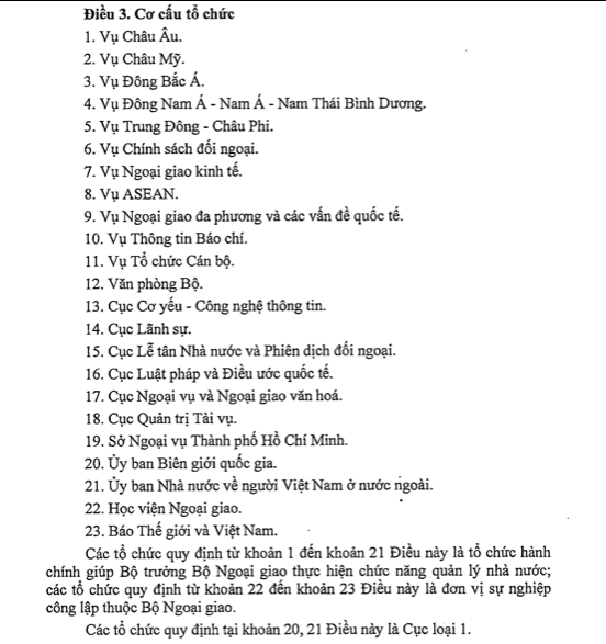 Bộ Ngoại giao đề xuất cơ cấu tổ chức mới gồm 23 đơn vị trực thuộc.