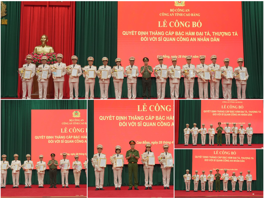 Lãnh đạo Công an tỉnh Cao Bằng&nbsp;trao Quyết định và tặng hoa chúc mừng các cán bộ, chiến sỹ Công an tỉnh được thăng cấp quân hàm. Ảnh: CA Cao Bằng