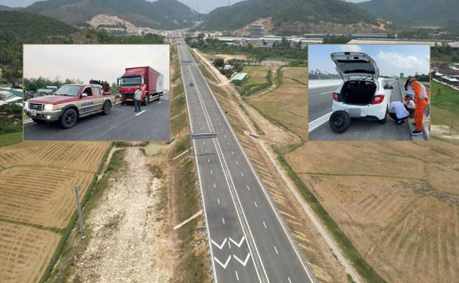 Nhiều phương tiện lưu thông trên tuyến cao tốc Bắc - Nam đoạn qua Quảng Ngãi – Gia Lai vừa đưa vào vận hành đã gặp sự cố liên quan đến hư hỏng lốp. Ảnh: Quang Bát