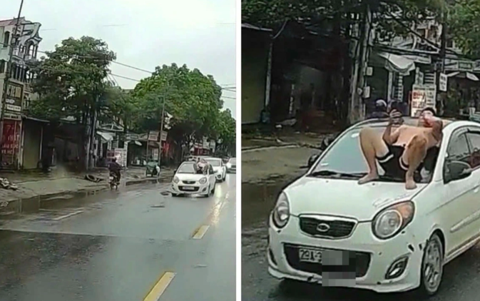 Hình ảnh con rể ông L. nằm trên đầu ô tô (Ảnh: Công an cung cấp).