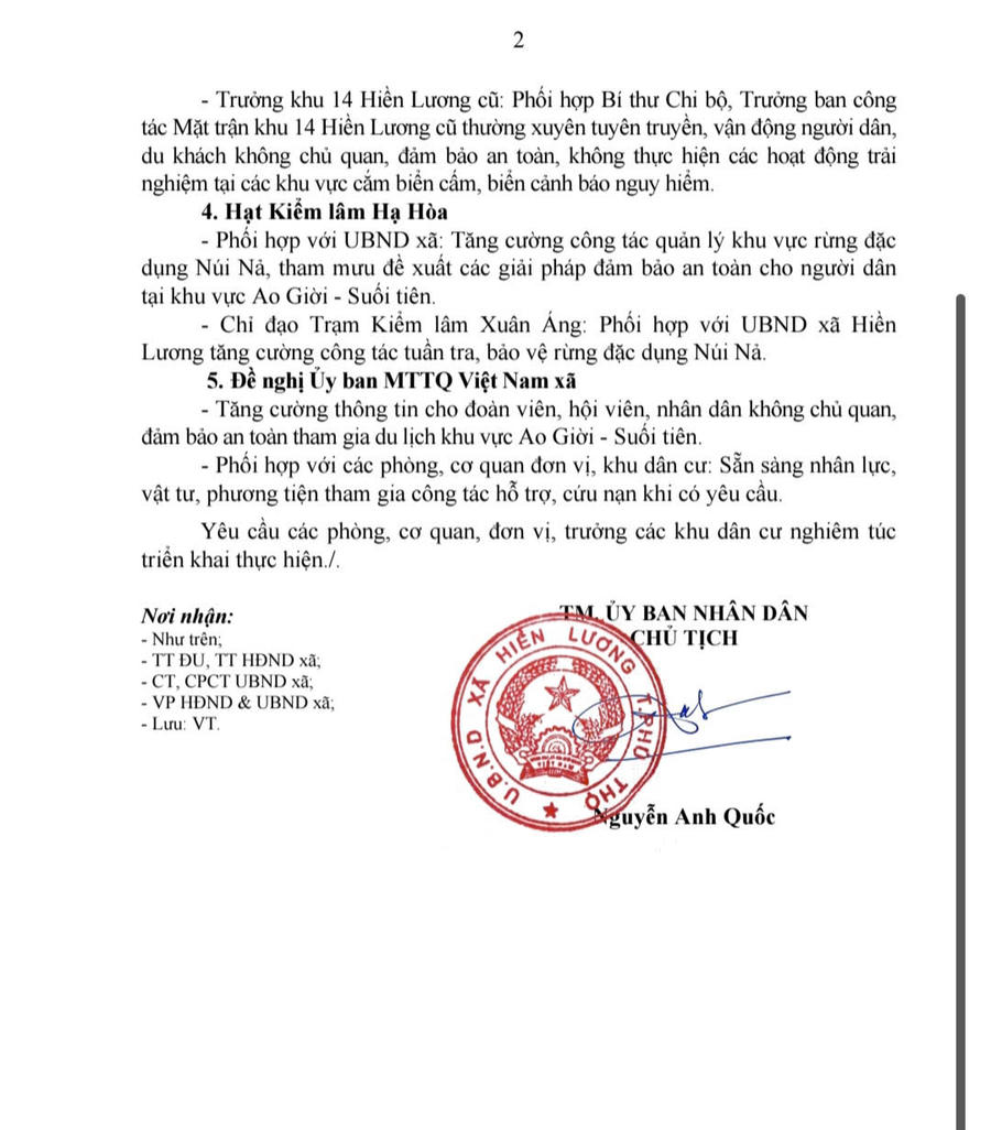 Ngày 1/5, Chủ tịch UBND xã Hiền Lương ký văn bản gửi các phòng ban chuyên môn của xã tăng&nbsp;đảm bảo an toàn cho người dân tại khu vực Ao Giời - Suối Tiên cho người dân và du khách, hạn chế các sự việc đáng tiếc xảy ra.