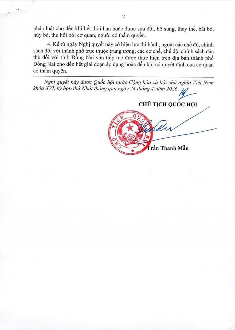 Nghị quyết của Quốc hội&nbsp;về việc thành lập thành phố Đồng Nai