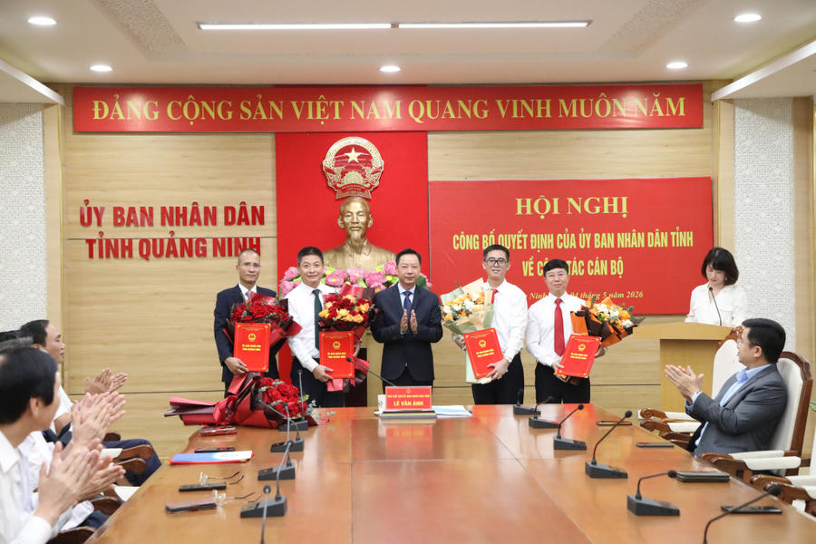 Ông Lê Văn Ánh, Phó Chủ tịch UBND tỉnh Quảng Ninh, trao quyết định bổ nhiệm cho các ông Nguyễn Phúc Vinh, Đặng Hoàng Thông, Đỗ Hoàng Hoành và Trương Hoàng Quang.