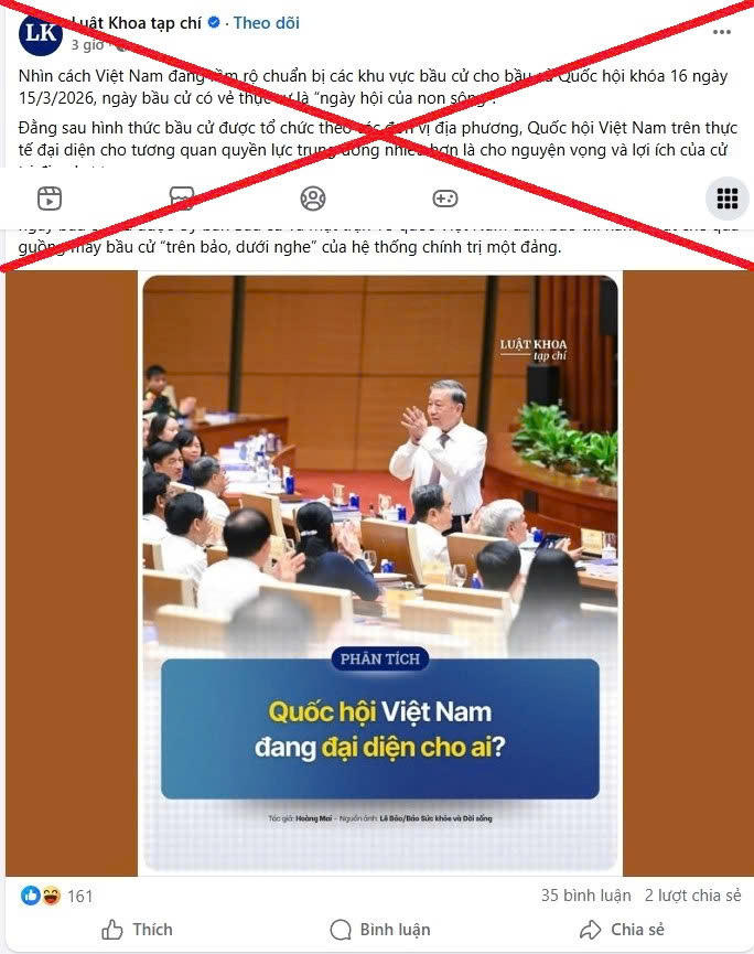 Hình ảnh xuyên tạc, sai sự thật trên không gian mạng về Cuộc bầu cử đại biểu Quốc hội khóa XVI và đại biểu Hội đồng nhân dân các cấp, nhiệm kỳ 2026 - 2031. (Ảnh: Công an tỉnh Ninh Bình)