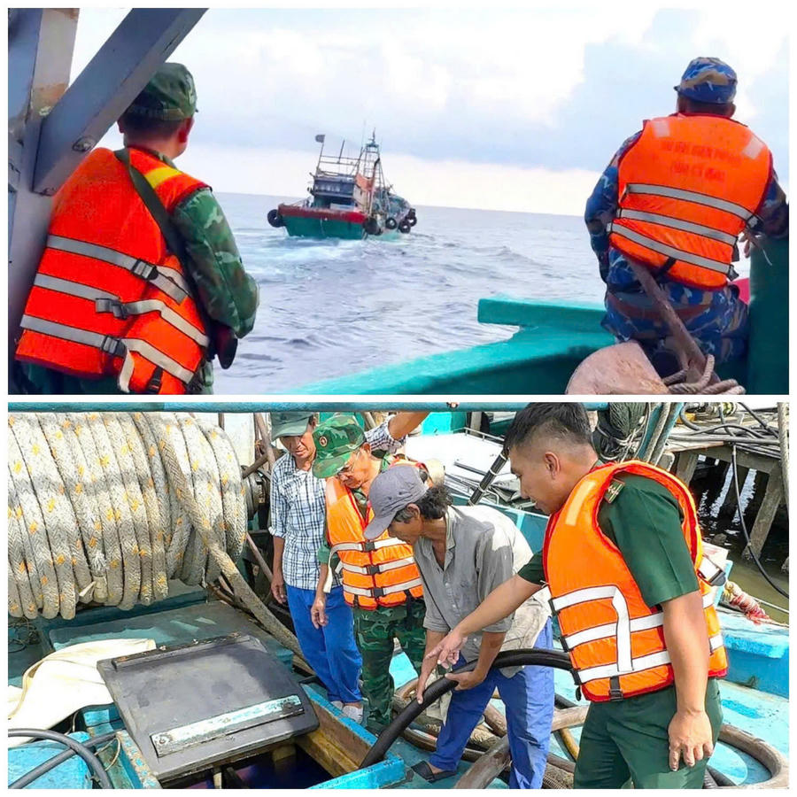Tổ tuần tra Hải đội Biên phòng 1 phát hiện, kiểm tra tàu cá TG 91467 TS có dấu hiệu nghi vấn, vận chuyển dầu không rõ nguồn gốc.