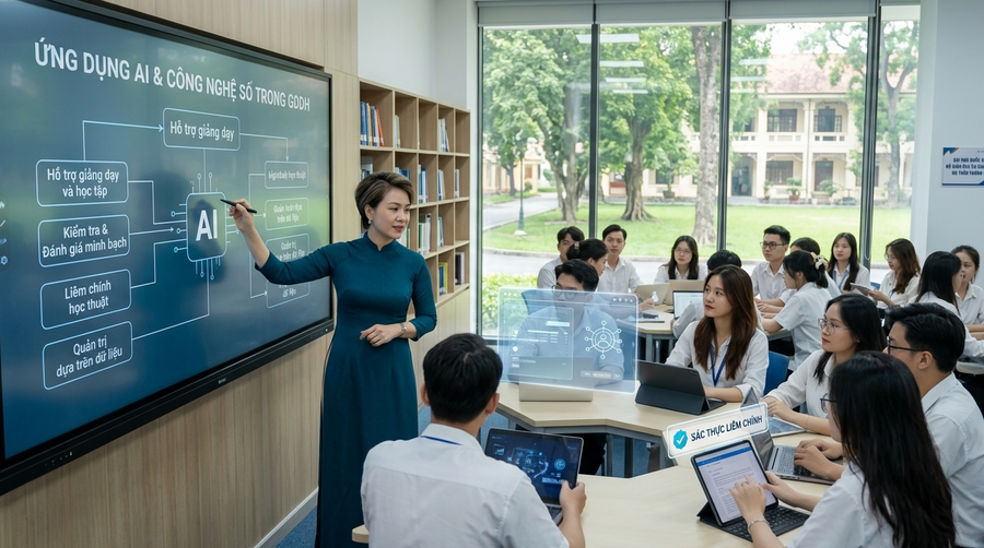 Bộ GD-ĐT lấy ý kiến dự thảo quy định ứng dụng công nghệ số và AI trong giáo dục đại học, hướng tới quản lý, giảng dạy và học tập hiệu quả hơn. (Ảnh minh họa AI)