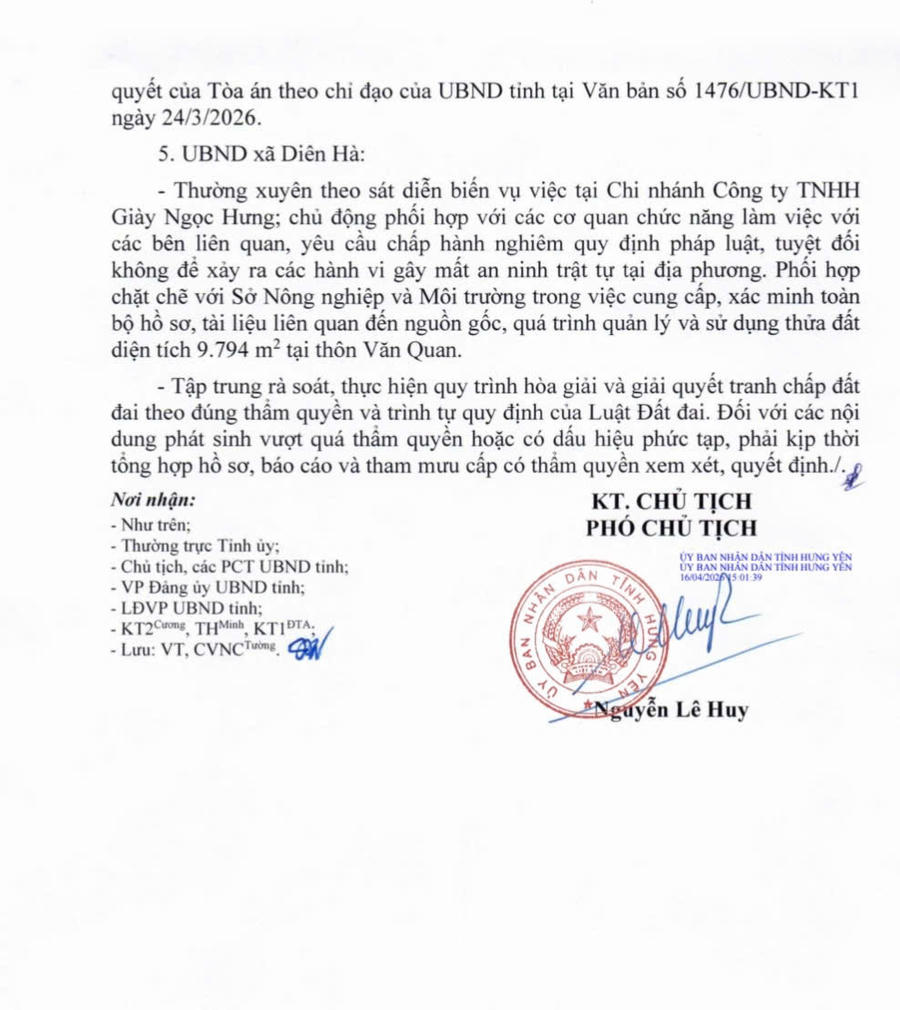 UBND tỉnh Hưng Yên ban hành văn bản gửi các cơ quan ban, ngành của tỉnh liên quan đến hoạt động&nbsp;của Chi nhánh Công ty TNHH Giày Ngọc Hưng.