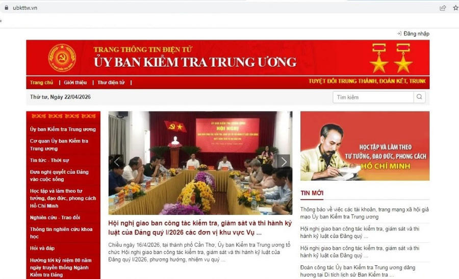 Giao diện của Trang Thông tin điện tử của Ủy ban Kiểm tra Trung ương. Ảnh: Công an TP Hà Nội