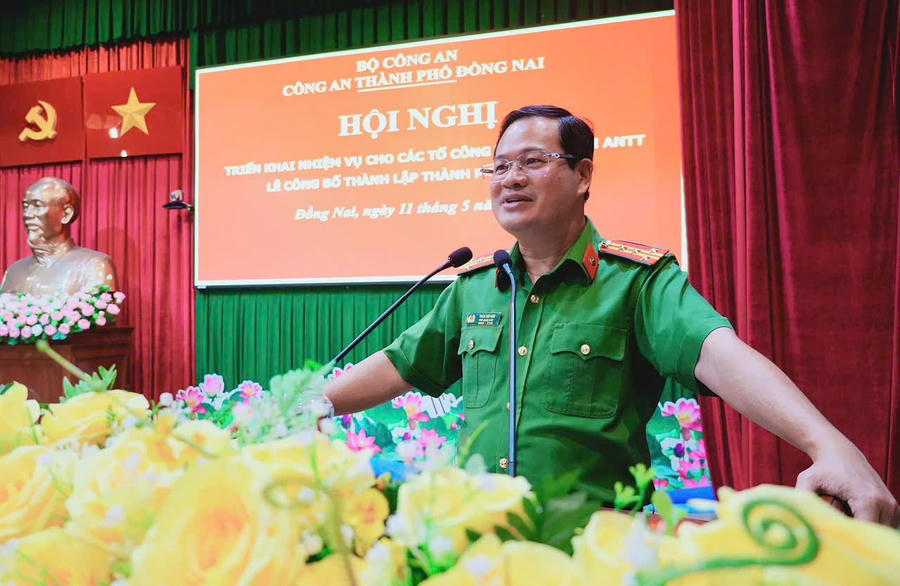 Đại tá Trần Anh Sơn, Phó Giám đốc Công an thành phố phát biểu chỉ đạo tại hội nghị.
