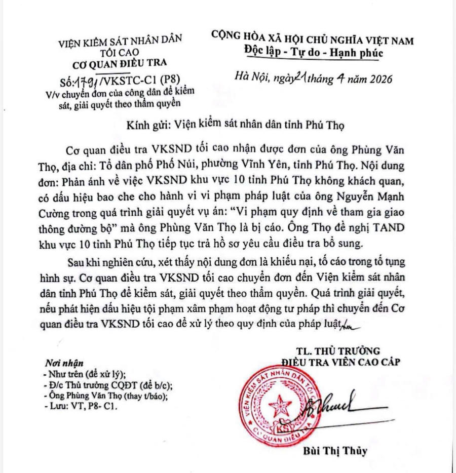 Văn bản của Cơ quan điều tra VKSND Tối cao gửi VKSND tỉnh PhúThọ cho rằng quá trình giải quyết, nếu phát hiện dấu hiệu tội phạm xâm phạm hoạtđộng tư pháp thì chuyển đến Cơ quan điều tra VKSND Tối cao để xử lý theo quy địnhcủa pháp luật.