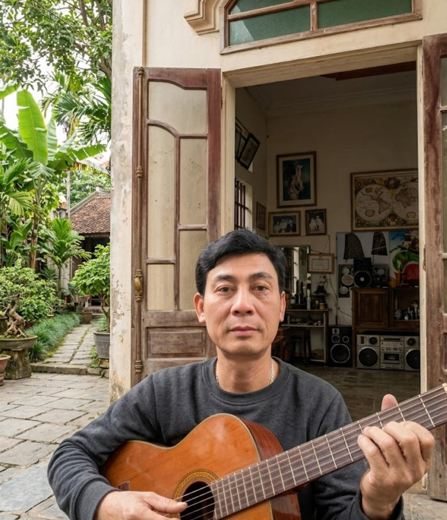 Nghệ sĩ đời thường Nguyễn Đăng Tám bên cây đàn cũ