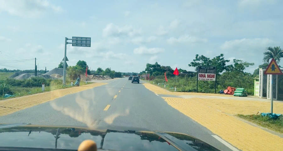 Hai bên quốc lộ người dân vô tư phơi lúa, khiến cho con đường bị thu hẹp.