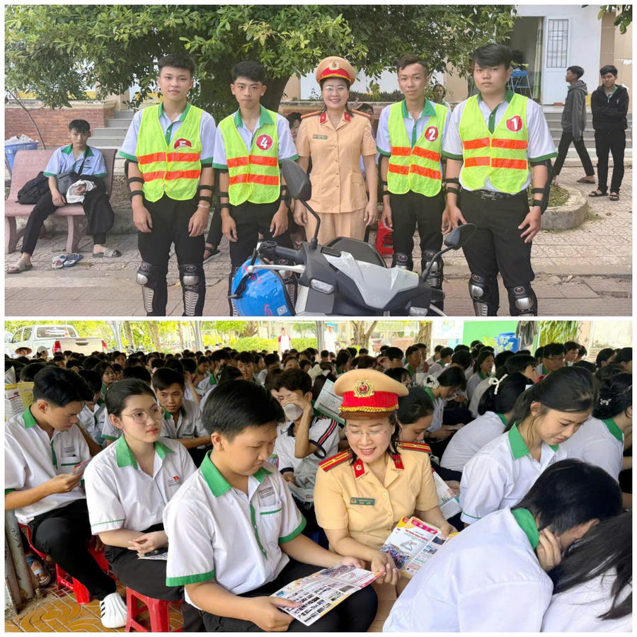 Thiếu tá Trịnh Ngọc Thảo cùng cán bộ, chiến sĩ Phòng Cảnh sát giao thông Công an tỉnh Cà Mau trực tiếp hướng dẫn kỹ năng lái xe an toàn, phát tờ rơi tuyên truyền, giải đáp các tình huống giao thông thực tế và giao lưu với học sinh Trường THCS - THPT Khánh An.
