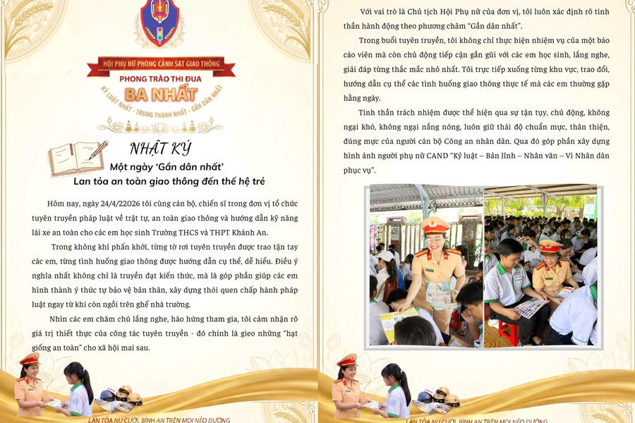 Trang “Nhật ký Ba nhất” chia sẻ một ngày “Gần dân nhất” – lan tỏa an toàn giao thông đến thế hệ trẻ của Thiếu tá Trịnh Ngọc Thảo - Chủ tịch Hội Phụ nữ Phòng Cảnh sát giao thông Công an tỉnh Cà Mau.