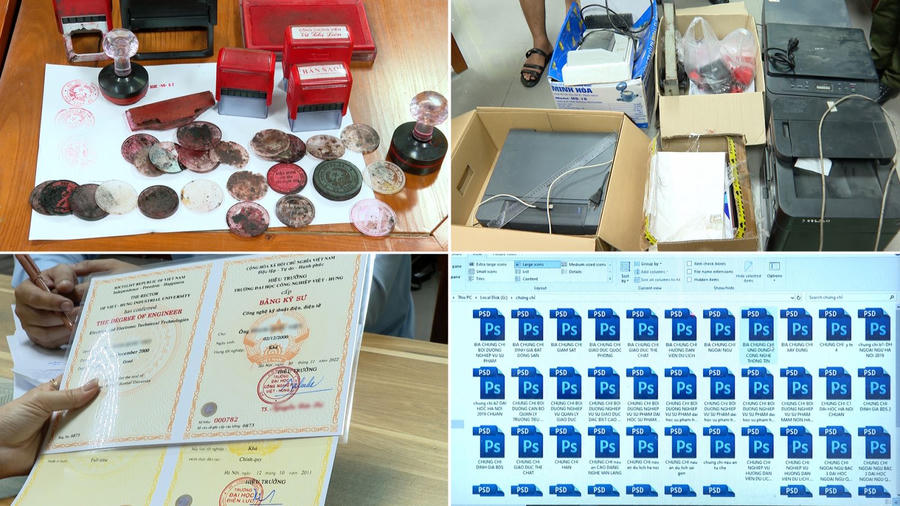 Công cụ, phương tiện của các đối tượng sử dụng để làm giấy tờ giả. Ảnh: CA Bắc Ninh.