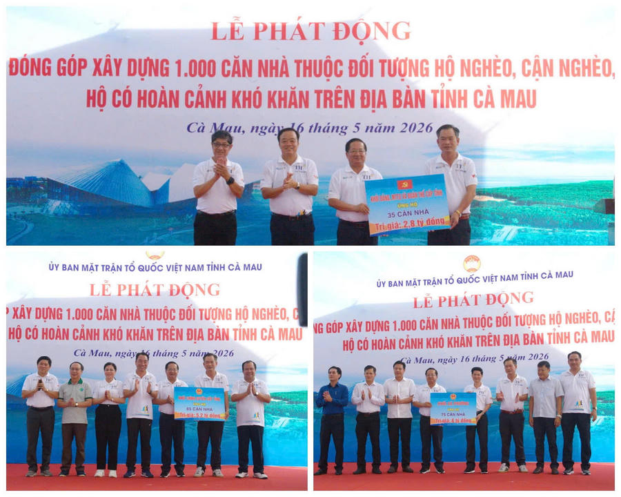 Lãnh đạo Tỉnh ủy, HĐND, UBND, UBMTTQ Việt Nam tỉnh Cà Mau trao bảng tượng trưng kinh phí hỗ trợ xây dựng 1.000 căn nhà cho hộ nghèo, hộ cận nghèo và gia đình có hoàn cảnh khó khăn trên địa bàn tỉnh, do khối Đảng, MTTQ, các đoàn thể cấp tỉnh; khối chính quyền cấp tỉnh cùng các xã, phường đóng góp.