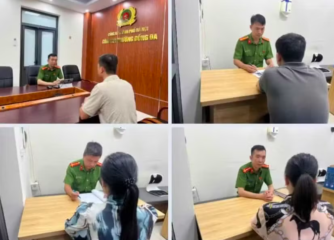 Công an phường Đống Đa làm việc với những người liên quan đến vụ việc.