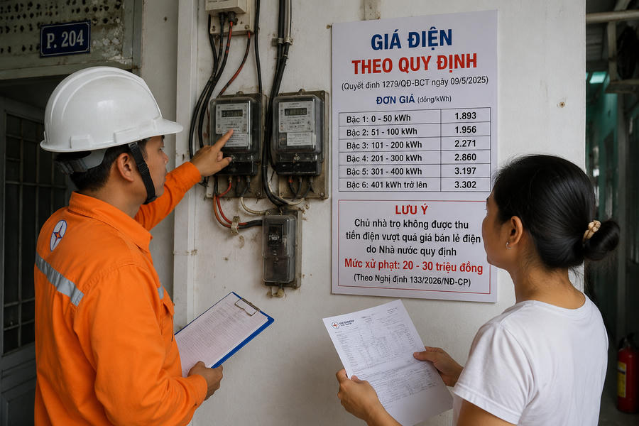 Chủ nhà trọ, cho thuê nhà thu tiền điện không đúng quy định có thể bị xử phạt số tiền từ 20 đến 30 triệu đồng. Hình ảnh mang tính chất minh họa.