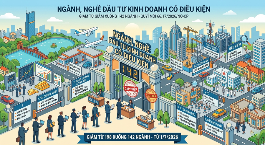 Chính phủ ban hành Nghị quyết số 66.17/2026/NQ-CP quyết định giảm các ngành nghề đầu tư kinh doanh có điều kiện từ 198 xuống còn 142 từ ngày 1/7/2026. (Ảnh minh họa AI)