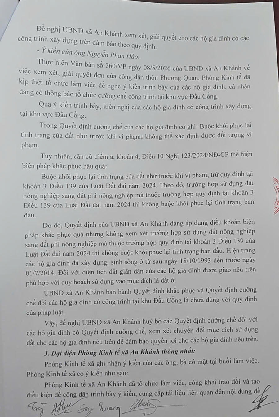 Một số nội dung Biên bản làm việc buổi đối thoại ngày 14/5/2026 theo đó chính quyền xã ghi nhận toàn bộ ý kiến của các hộ dân và nêu rõ sẽ tiếp tục giao bộ phận chuyên môn rà soát hồ sơ, xác minh trên cơ sở đó tham mưu cho UBND xã An Khánh xử lý theo đúng quy định pháp luật.
