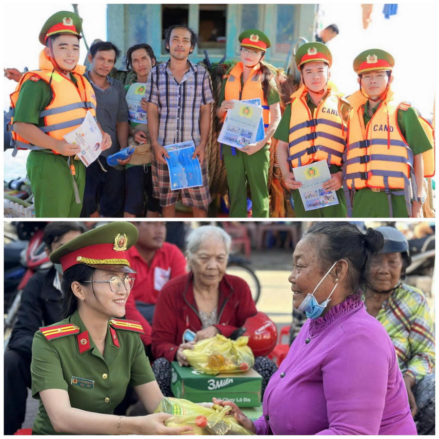 Thiếu tá Nguyễn Thị Diệp Oanh tuyên truyền pháp luật cho ngư dân địa phương; đồng thời thăm hỏi, trao quà hỗ trợ các hộ dân có hoàn cảnh khó khăn trên địa bàn.