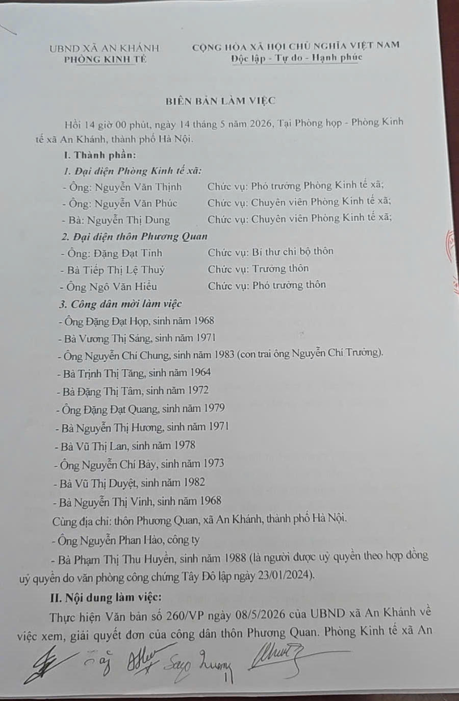 Một số nội dung Biên bản làm việc buổi đối thoại ngày 14/5/2026 theo đó chính quyền xã ghi nhận toàn bộ ý kiến của các hộ dân và nêu rõ sẽ tiếp tục giao bộ phận chuyên môn rà soát hồ sơ, xác minh trên cơ sở đó tham mưu cho UBND xã An Khánh xử lý theo đúng quy định pháp luật.