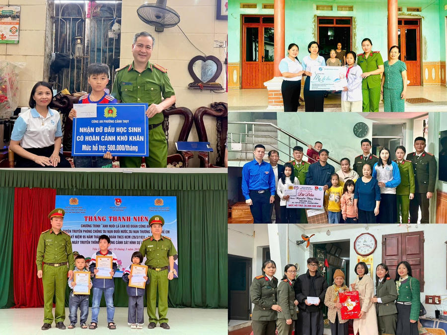 Công an các phường Cảnh Thụy, Yên Dũng, phường Nếnh; Công an xã Tân Dĩnh; Phòng Tổ chức cán bộ nhận đỡ đầu các em học sinh có hoàn cảnh khó khăn.