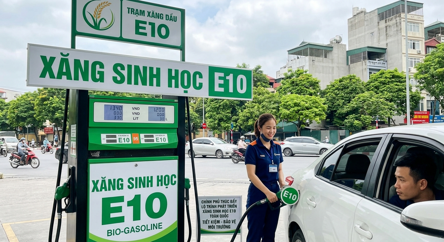 Bộ Công Thương đề xuất dự thảo nhằm đẩy nhanh lộ trình sử dụng xăng sinh học E10, tiến tới triển khai đồng loạt toàn quốc từ 1/6/2026. (Ảnh minh họa AI)