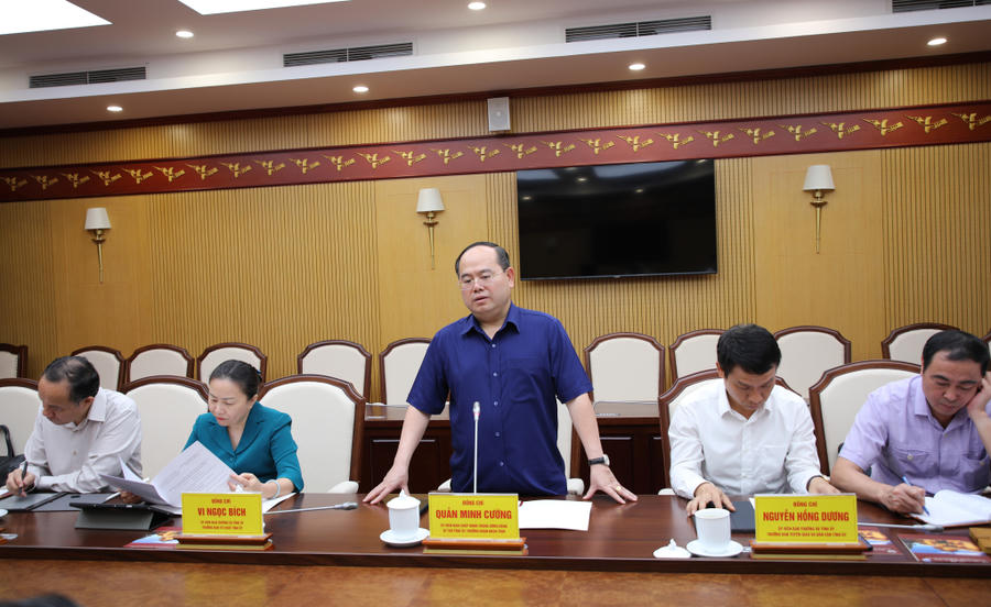 Ông Quản Minh Cường, Ủy viên Trung ương Đảng, Bí thư Tỉnh ủy, Trưởng Đoàn ĐBQH tỉnh phát biểu tại buổi làm việc.