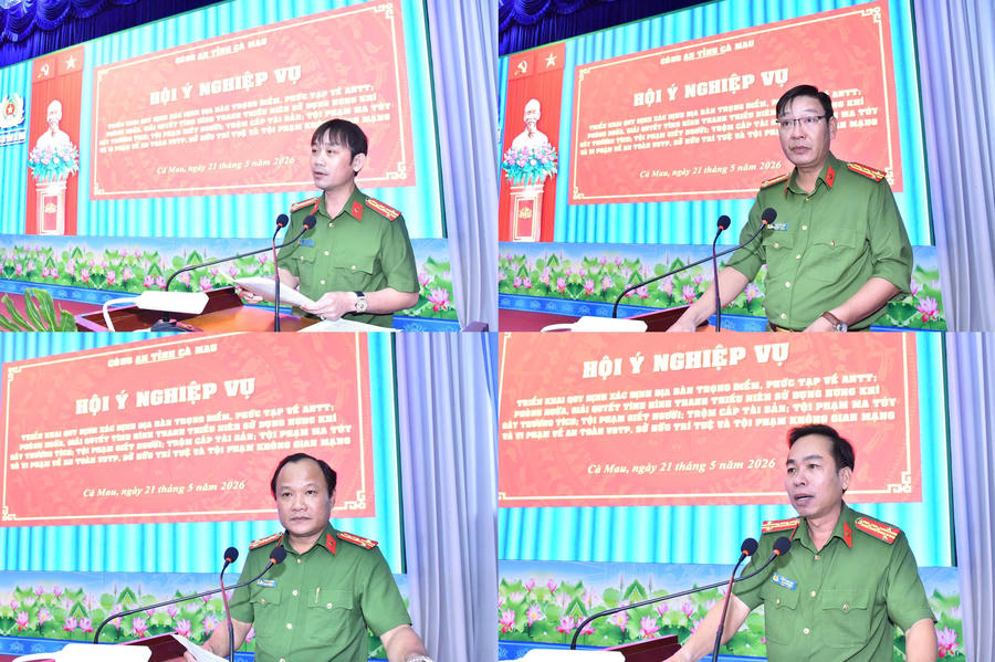 Lãnh đạo các phòng nghiệp vụ Công an tỉnh Cà Mau, báo cáo tình hình, kết quả phòng ngừa, đấu tranh tội phạm trên địa bàn tỉnh.