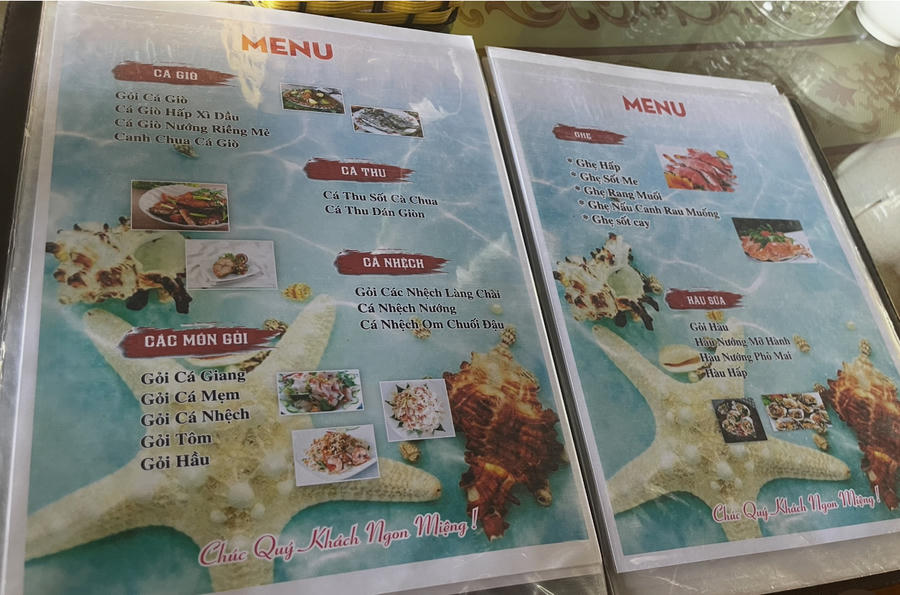 Menu nhà hàng không ghi giá