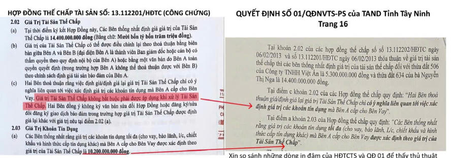 So sánh dấu hiệu cắt xén giữa  Hợp đồng và quyết định số 01 của toà.