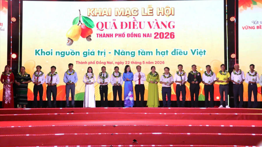 Lãnh đạo thành phố Đồng Nai tri ân các điển hình sản xuất, kinh doanh giỏi trong ngành điều. Ảnh: TTXVN.
