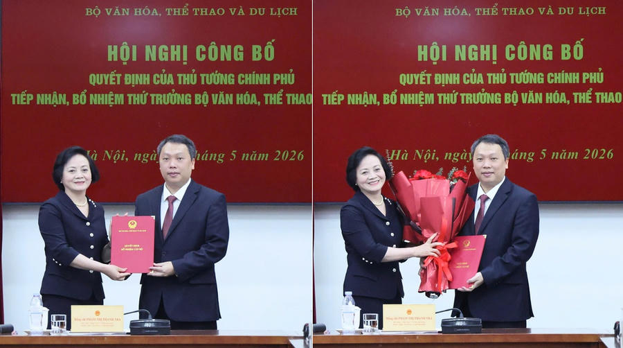 Bí thư Trung ương Đảng, Phó Thủ tướng Phạm Thị Thanh Trà trao quyết định tiếp nhận, bổ nhiệm và tặng hoa ông Nguyễn Huy Dũng giữ chức Thứ trưởng Bộ Văn hóa, Thể thao và Du lịch - Ảnh: VGP