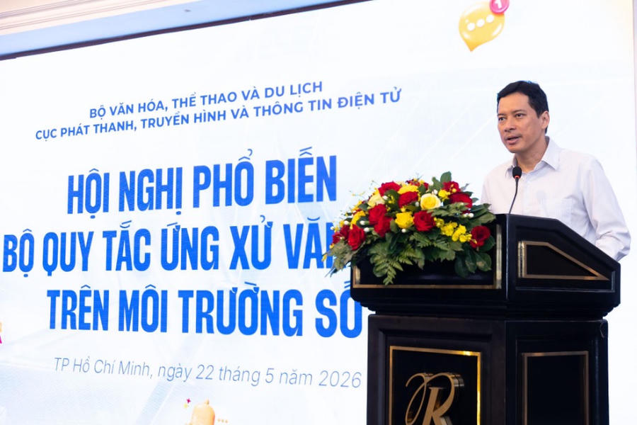 Ông Lê Quang Tự Do - Cục trưởng Cục Phát thanh, truyền hình và thông tin điện tử phát biểu khai mạc tại Hội nghị phổ biến Quy tắc ứng xử văn hóa trên môi trường số do Cục Phát thanh, Truyền hình và Thông tin điện tử, Bộ Văn hóa, Thể thao và Du lịch tổ chức ngày 22/5.