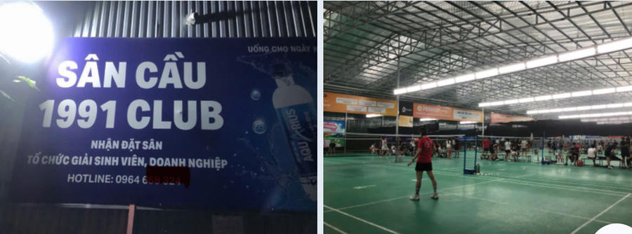 Biển hiệu “Sân cầu 1991 Club” quảng cáo dịch vụ đặt sân và tổ chức giải đấu ngay tại công trình