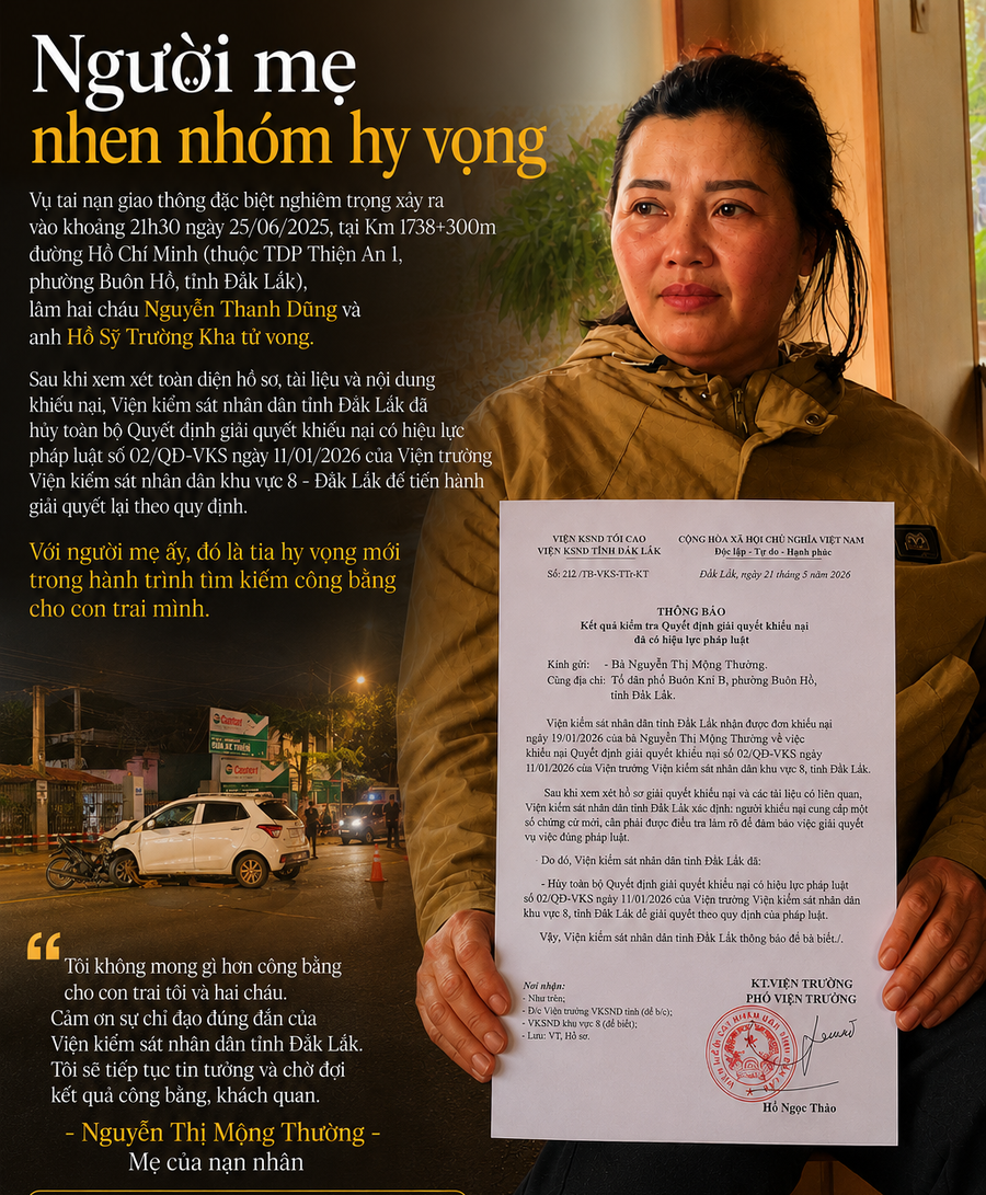 VKSND tỉnh Đắk Lắk hủy toàn bộ quyết định giải quyết khiếu nại vụ tai nạn ở Buôn Hồ: Người mẹ thắp lại hy vọng tìm công lý.