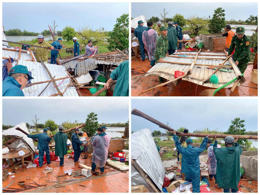 Lực lượng Công an, Quân sự, dân quân tự vệ và các đoàn thể hỗ trợ người dân khắc phục hậu quả, sớm ổn định cuộc sống; đồng thời tập trung di dời tài sản, dọn dẹp cây xanh gãy đổ và gia cố tạm thời những căn nhà bị hư hỏng để bảo đảm an toàn cho người dân.