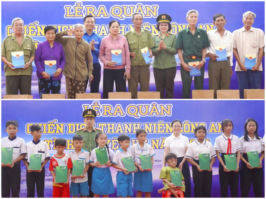 Anh Nguyễn Đức Nguyên và Thiếu tướng Ngô Hoài Thu trao quà cho gia đình chính sách, hộ nghèo trên địa bàn xã Đá Bạc (ảnh trên); Đại tá Lê Tấn Vinh cùng đơn vị đồng hành trao học bổng cho học sinh có hoàn cảnh khó khăn trên địa bàn xã Đá Bạc.