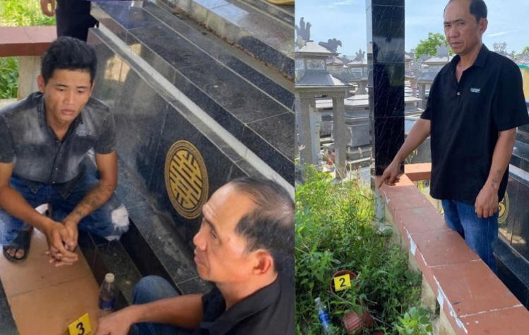 Lực lượng Công an TP Đà Nẵng phát hiện hai đối tượng sử dụng ma túy đá tại khu vực nghĩa địa thuộc xã Gò Nổi và tiến hành xử lý theo quy định. Ảnh: Công an cung cấp.