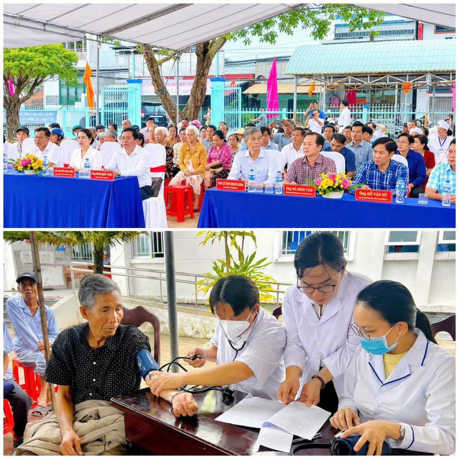 Đại biểu dự lễ phát động tại xã Sông Đốc (ảnh trên); người dân xã Châu Thới tham gia khám sức khỏe, khám sàng lọc.