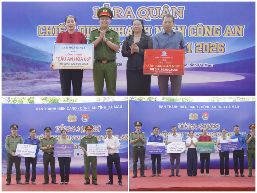 Đoàn Thanh niên Công an các đơn vị cùng đơn vị đồng hành trao biển tượng trưng kinh phí thực hiện các công trình, phần việc thanh niên tại xã Đá Bạc.