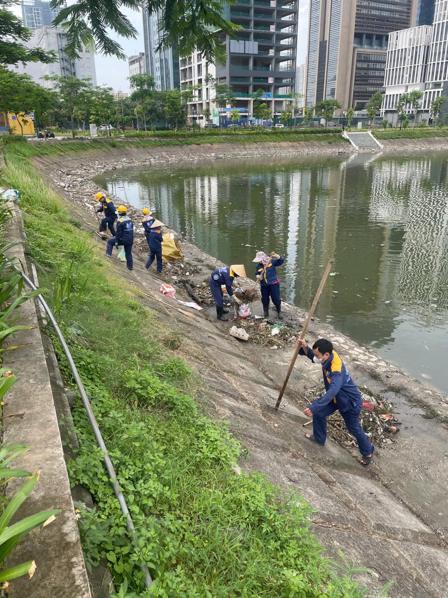 Các công nhân dọn cá chết