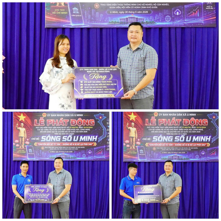 Ông Huỳnh Khánh Duy – Phó Chủ tịch UBND xã U Minh tiếp nhận nguồn hỗ trợ từ các đơn vị đồng hành, gồm 20 suất học bổng toàn phần dành cho học viên có nhu cầu học tập, làm việc và trao tặng sim, điện thoại thông minh cho hộ nghèo, hộ cận nghèo... có hoàn cảnh khó khăn.