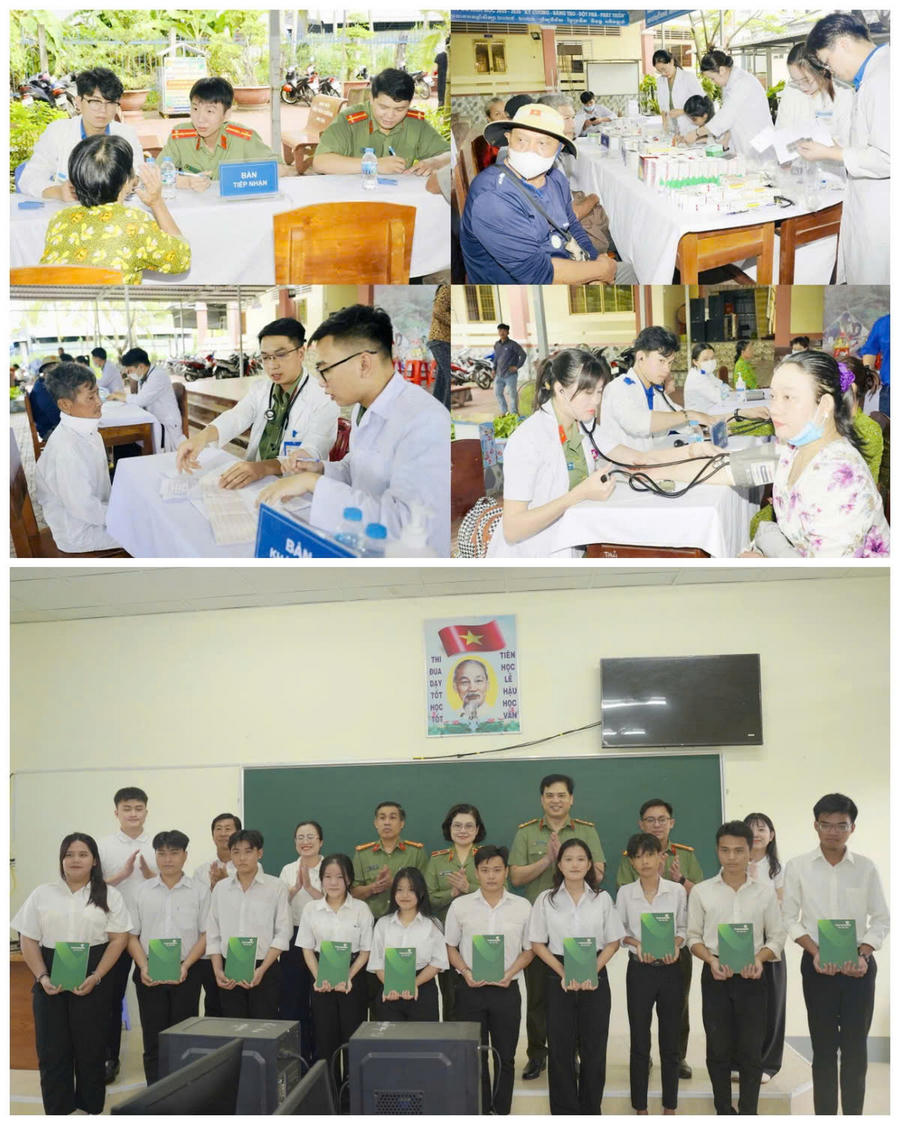 Đông đảo bà con Nhân dân xã Đá Bạc đến khám bệnh, nhận thuốc miễn phí tại Trường Phổ thông Dân tộc nội trú THCS Danh Thị Tươi; đồng thời, đoàn công tác và đơn vị đồng hành trao học bổng cho học sinh Trường THCS Vồ Dơi (ảnh dưới).