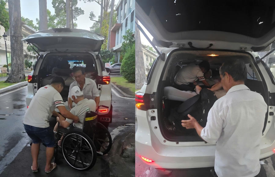 Xe 7 chỗ đã được cải tạo, gắn đệm hơi hoạt động dịch vụ vận chuyển bệnh nhân tại bệnh viện Chợ Rẫy.